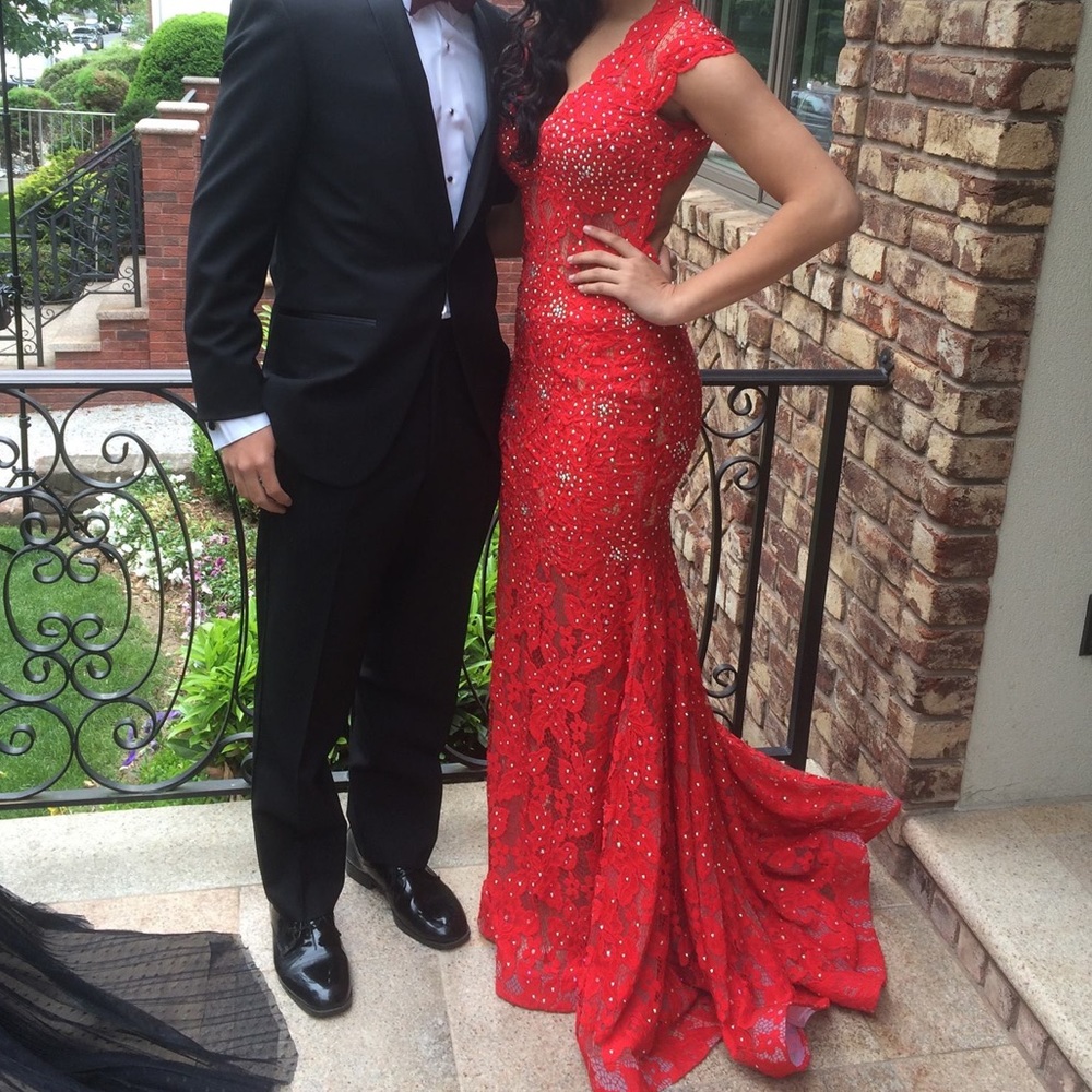 Jovani Red Lace Backless Gown